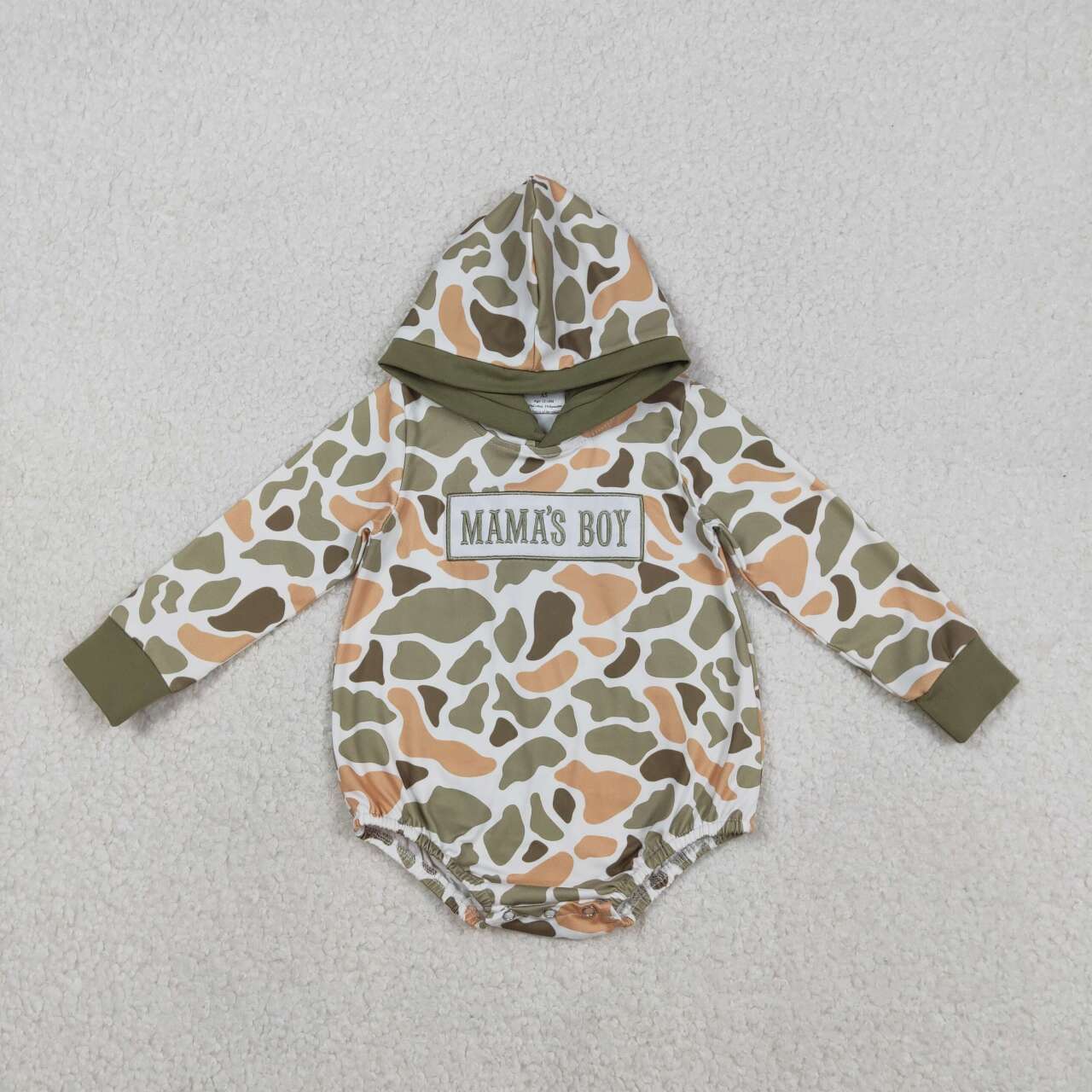 embroidery Mamas boy green orange camo toddle baby long sleeve hoodie romper