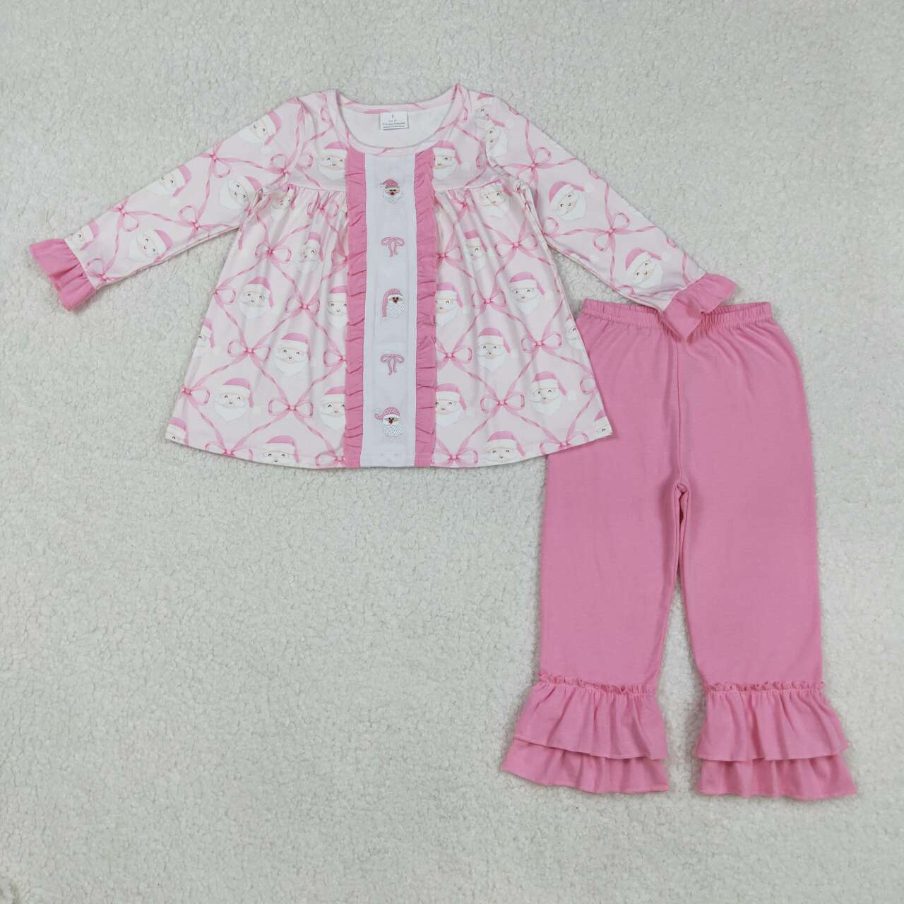 Embroidery Christmas Santa Pink bow tunic top matching pants clothes