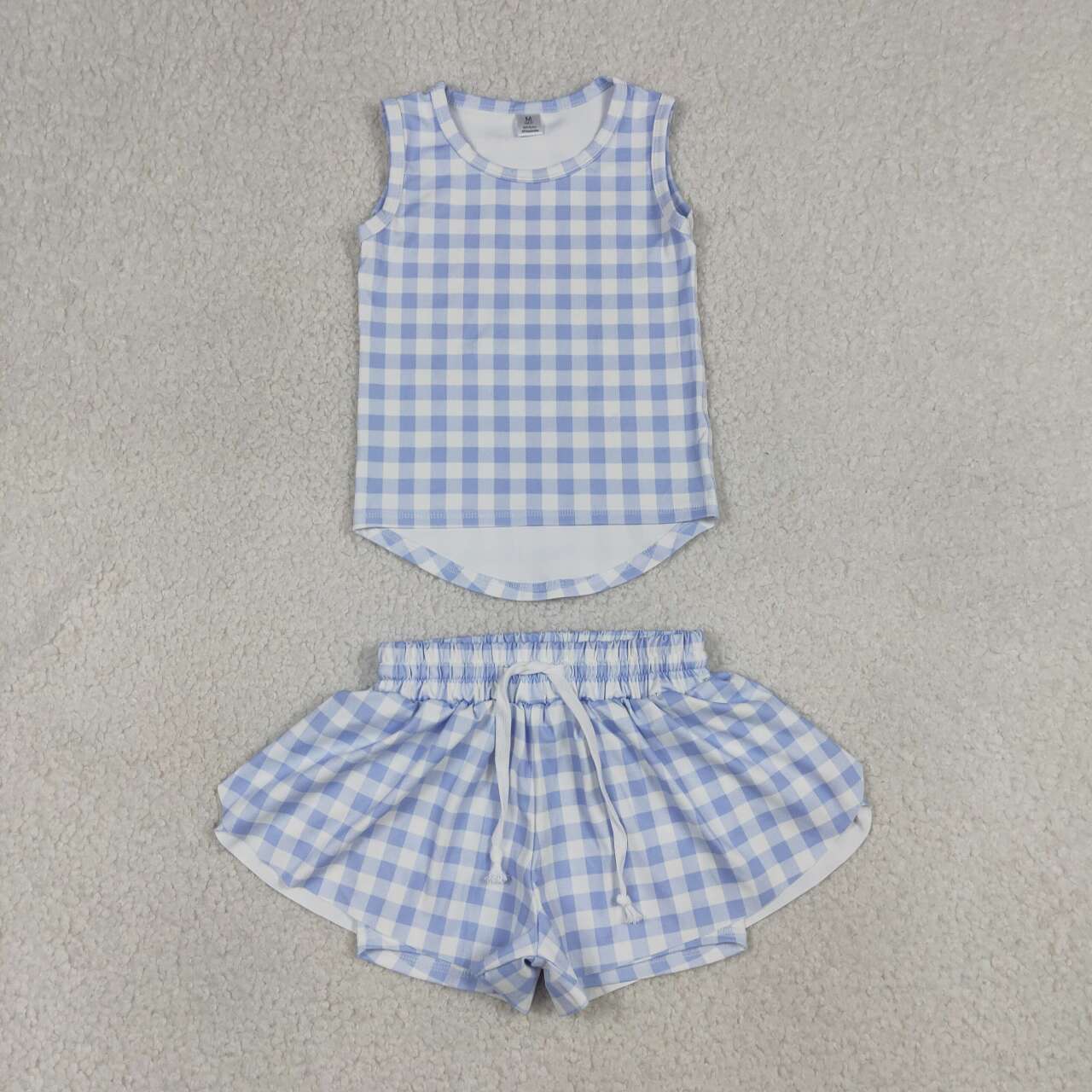 Blue plaid top matching shorts girl summer yoga outfit