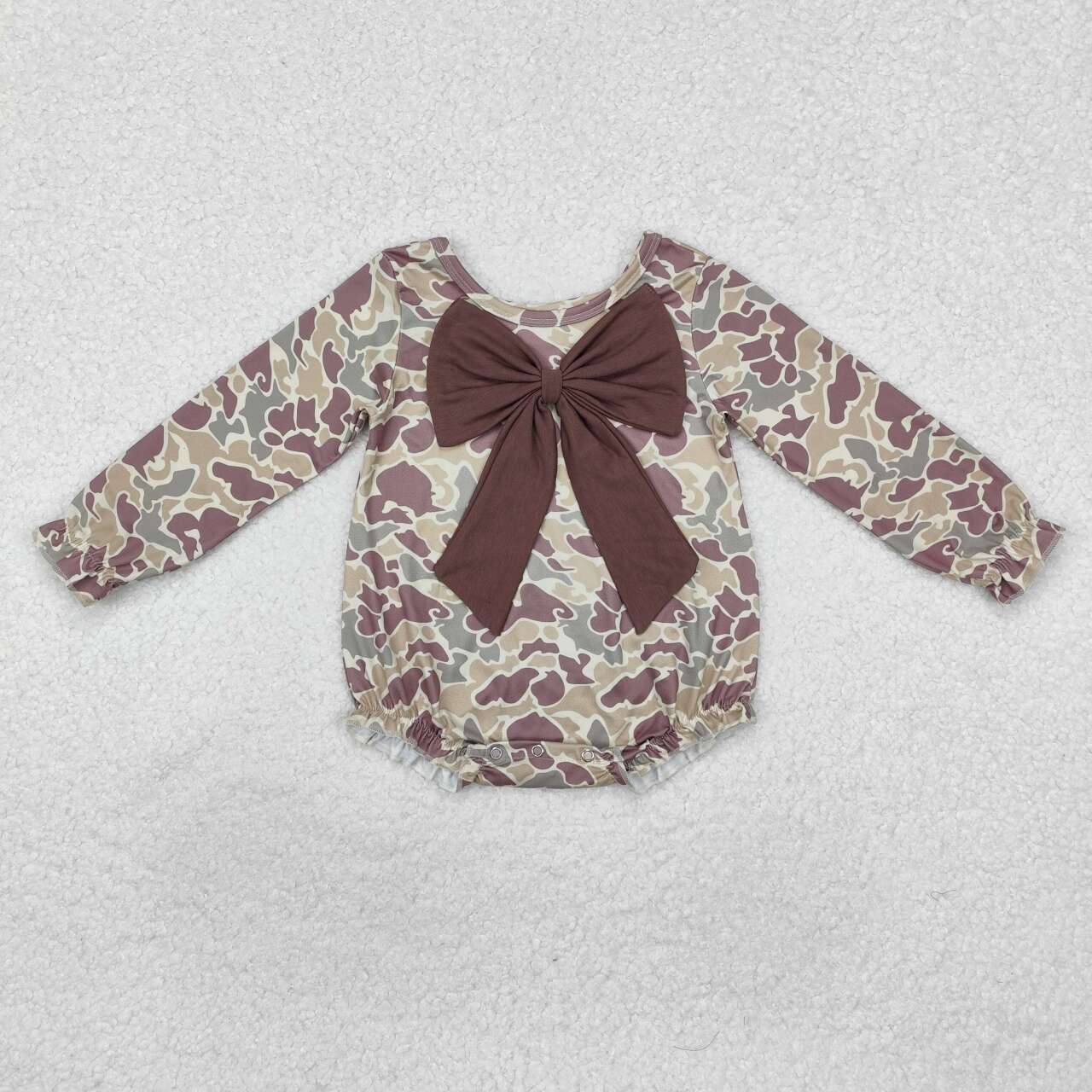 Toddle baby girls brown camo big bow long sleeve romper