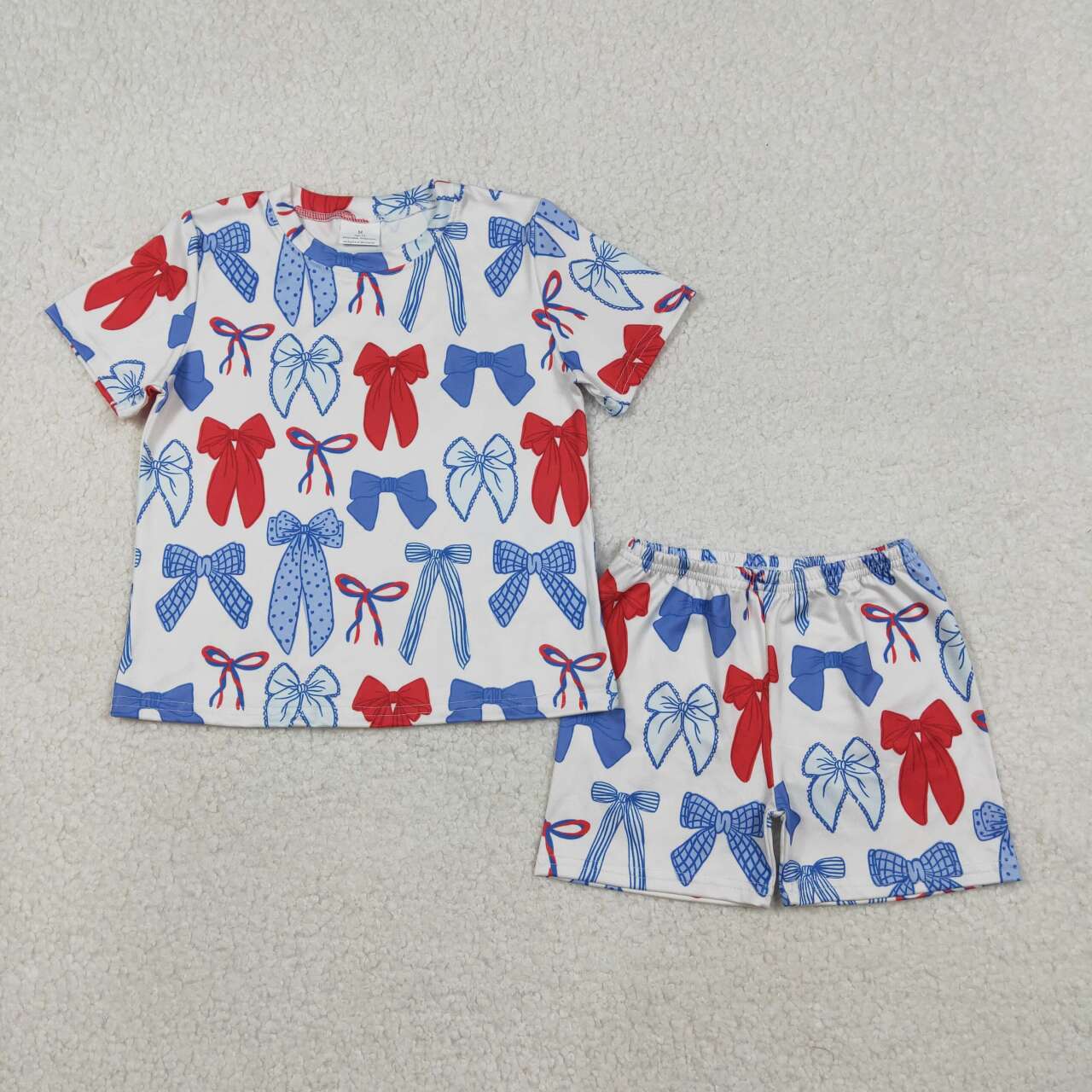 Red blue bow shirt matching shorts girls summer outfit
