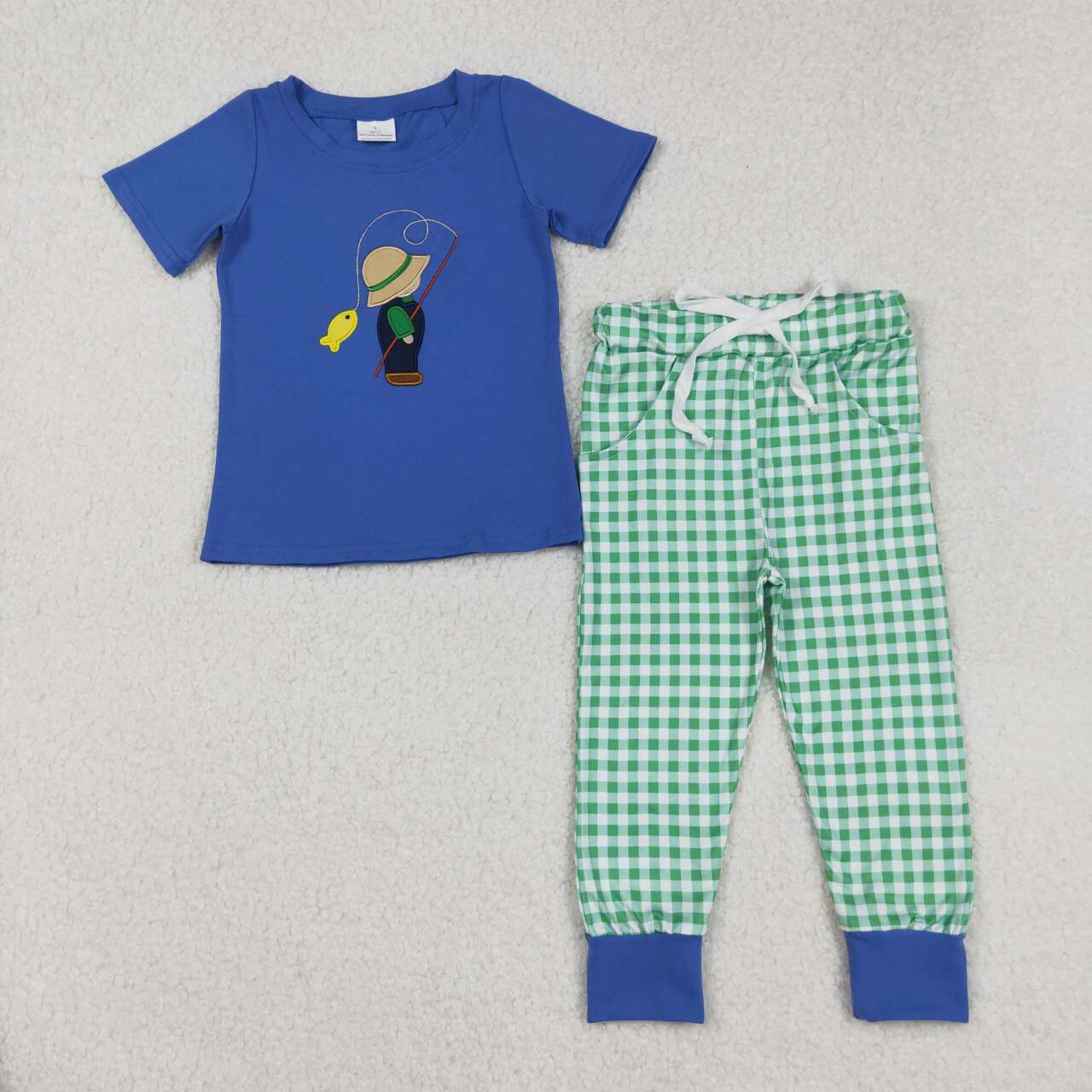 Baby boys embroidery fishing top matching plaid pants clothing set