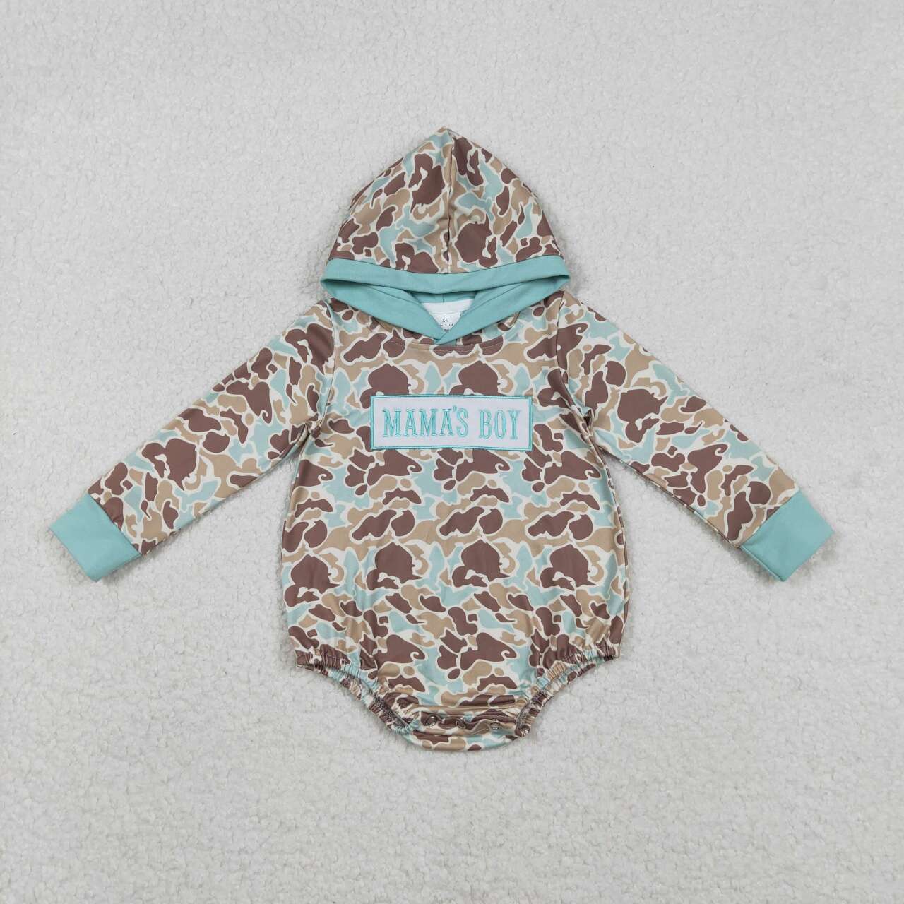 embroidery Mamas boy light green camo toddle baby long sleeve hoodie romper