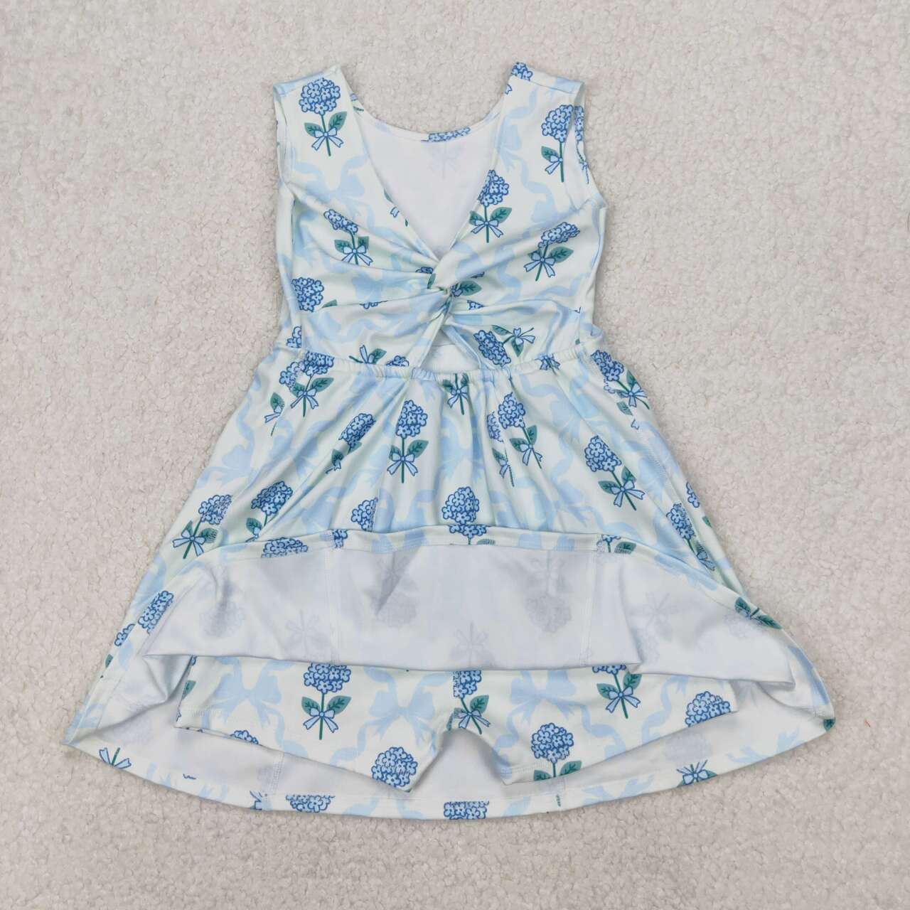 Girls blue bow floral active wear athletic summer dress with shorts