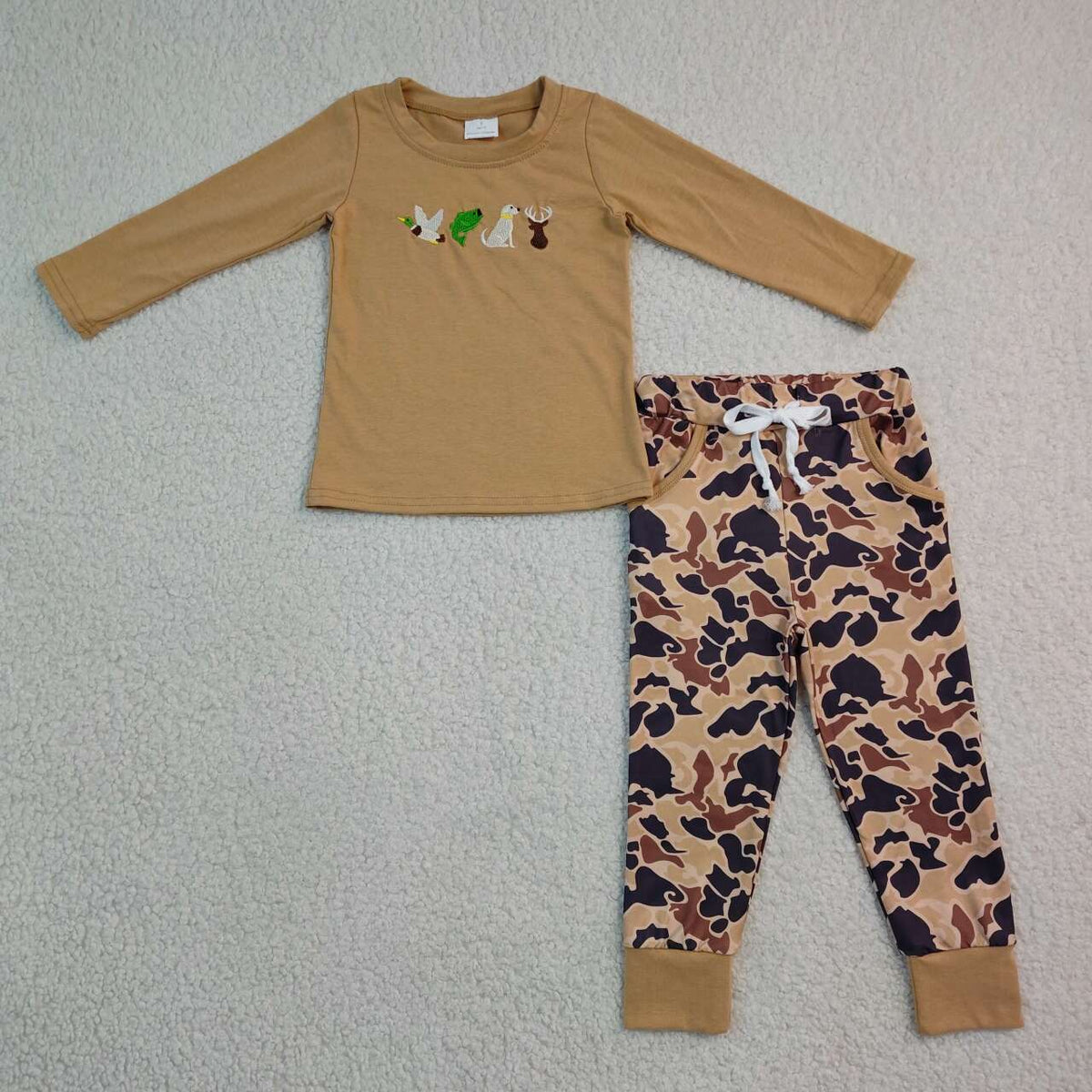 Dog fish duck embroidery print long sleeve top matching pants boy outfit