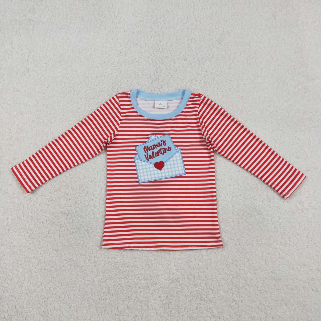 Mamas Valentines red stripes boy long sleeve embroidery top