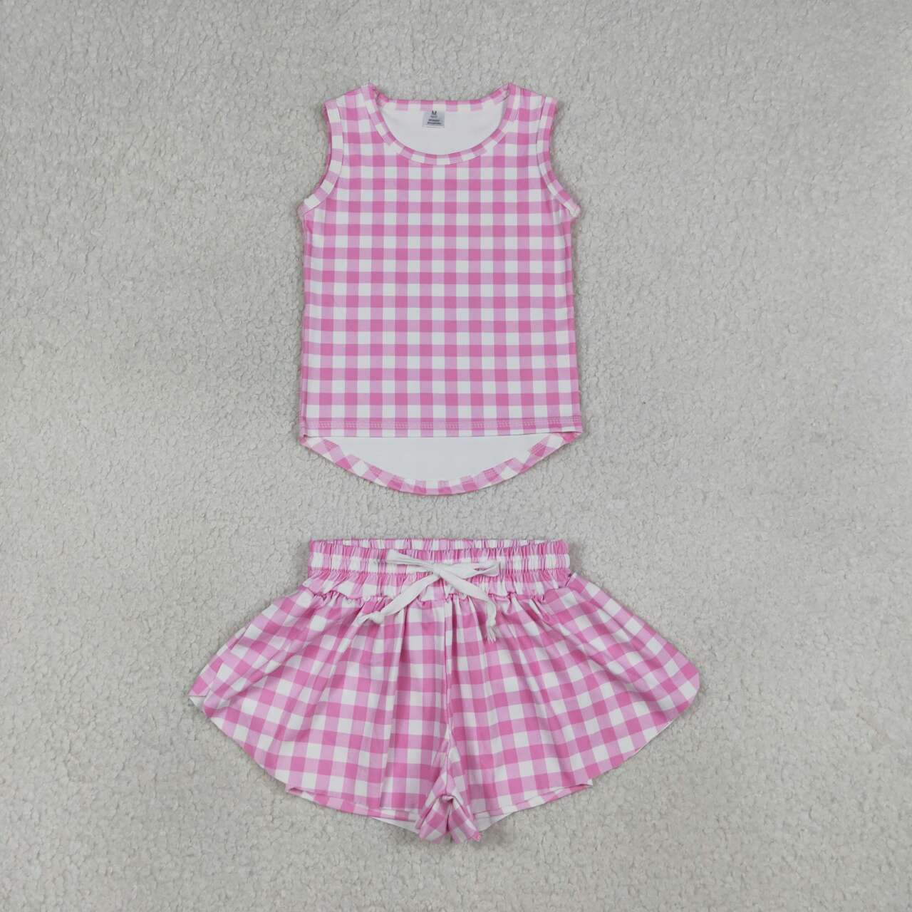 Pink plaid top matching shorts girl summer yoga outfit