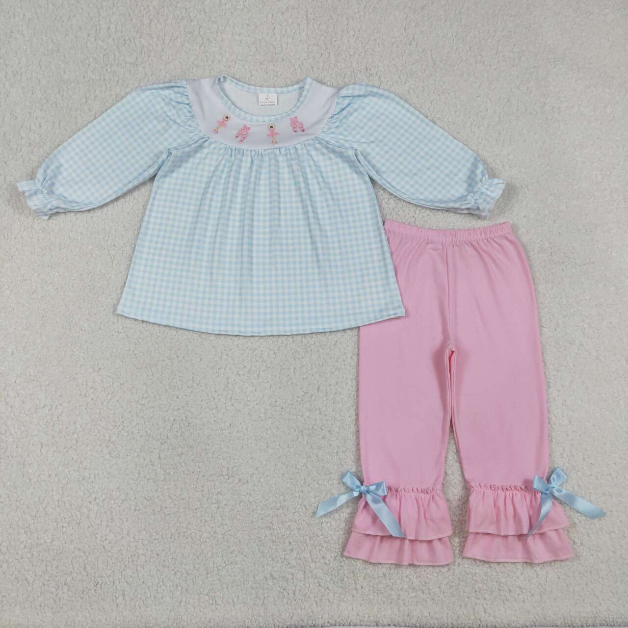 Blue plaid embroidery ballet shoes girls long sleeve outfit