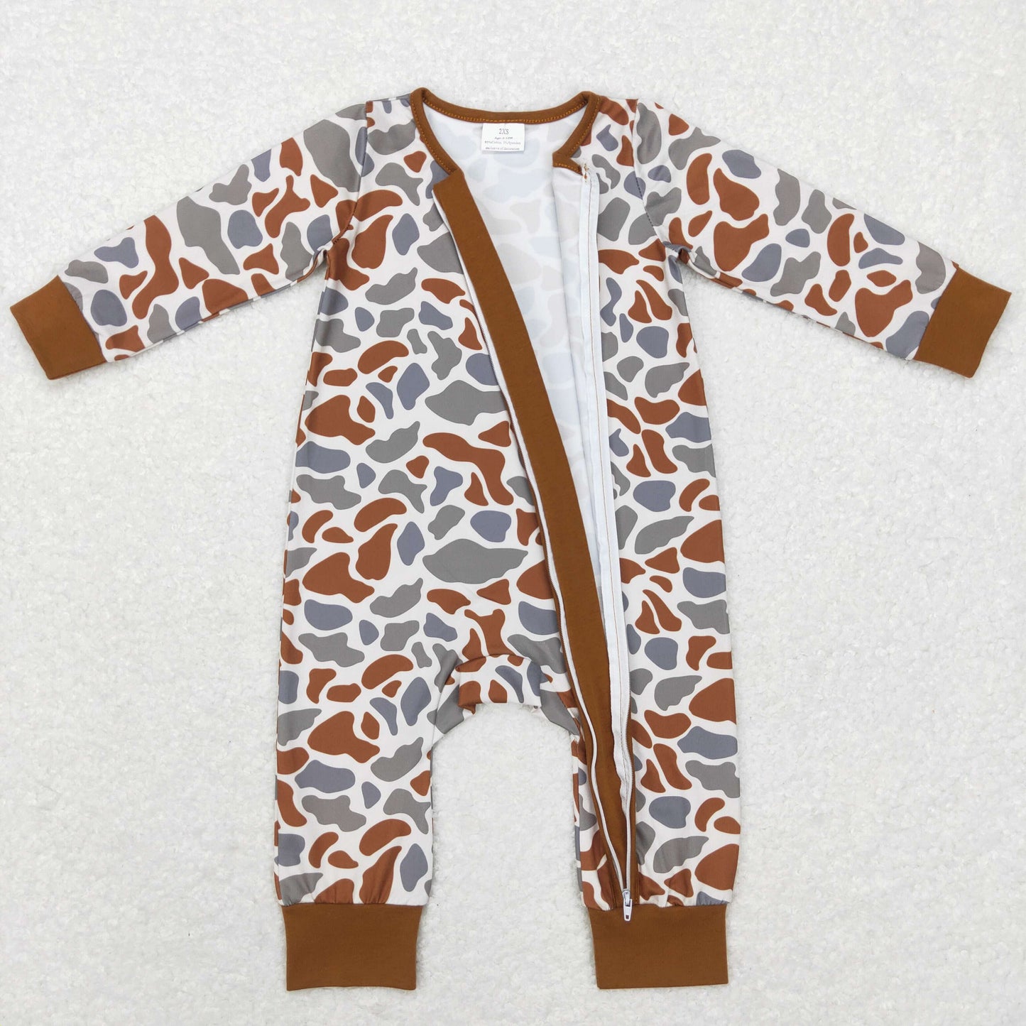 baby boy long sleeve grey brown camo zip romper