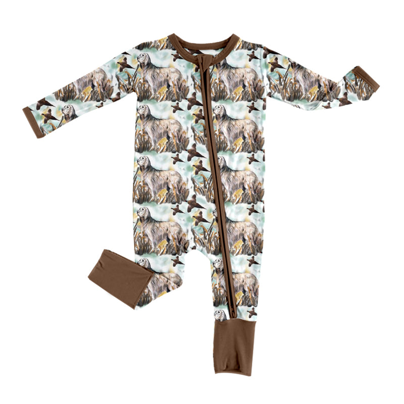 baby boy long sleeve mallard duck dog zip brown romper preorder