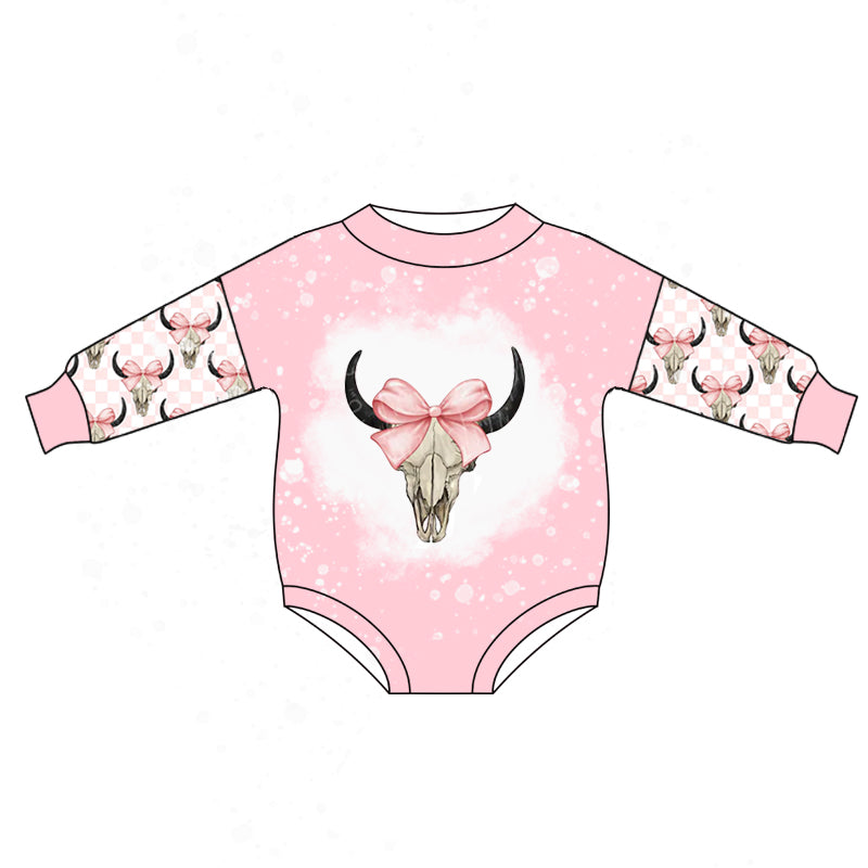 wholesale kids girls pink checkered highland cow long sleeve romper preorder