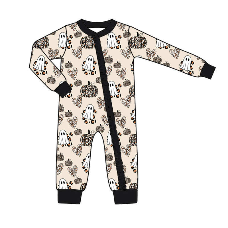Cheetah Pumpkin Halloween Ghost Long Sleeve Romper Preorder