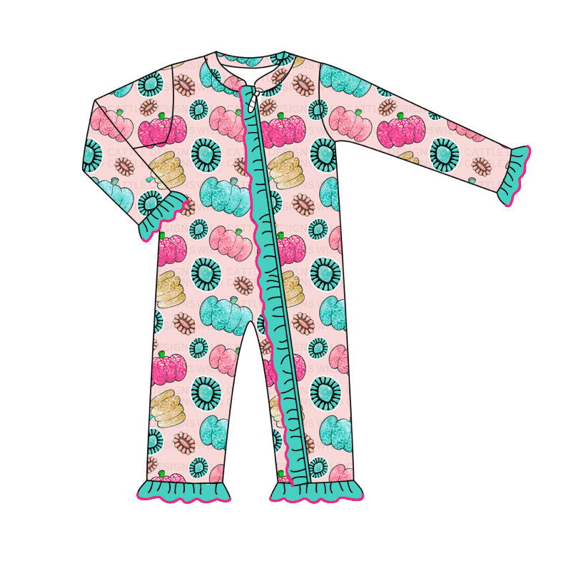 Colorful pumpkin turquoise long sleeve zip romper preorder