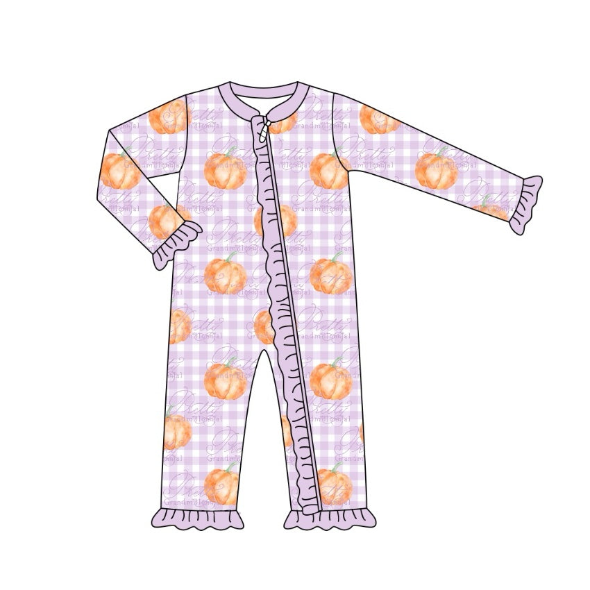 Toddle baby girls lavender plaid pumpkin zip romper preorder