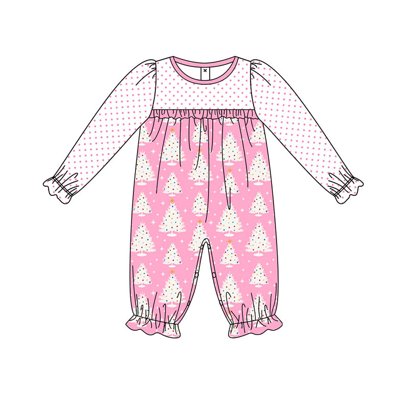 Christmas tree pink dots long sleeve winter romper preorder