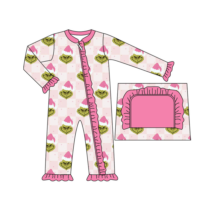 Christmas green face long sleeve zip romper preorder