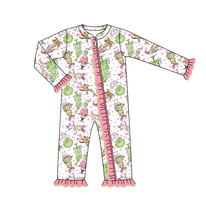 Christmas green face long sleeve zip romper preorder