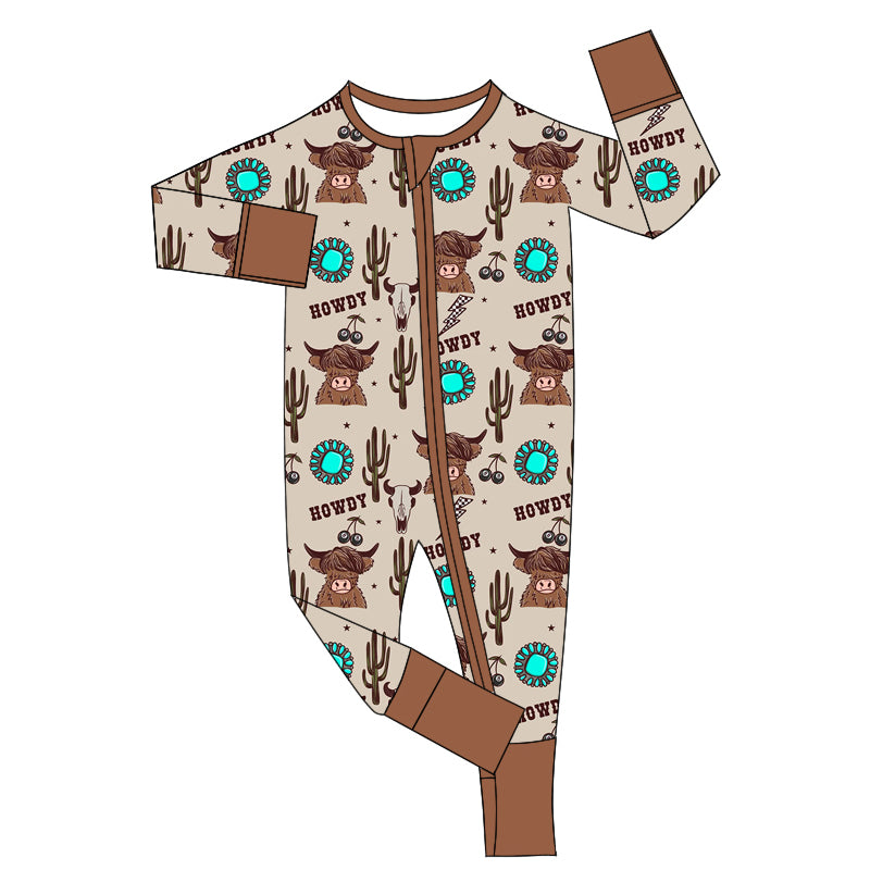 Highland cow cowboy western howdy zip romper preorder