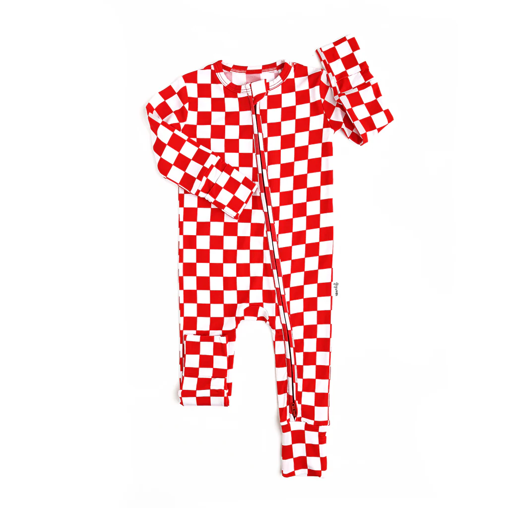 Infant baby Christmas red checkered zip romper preorder