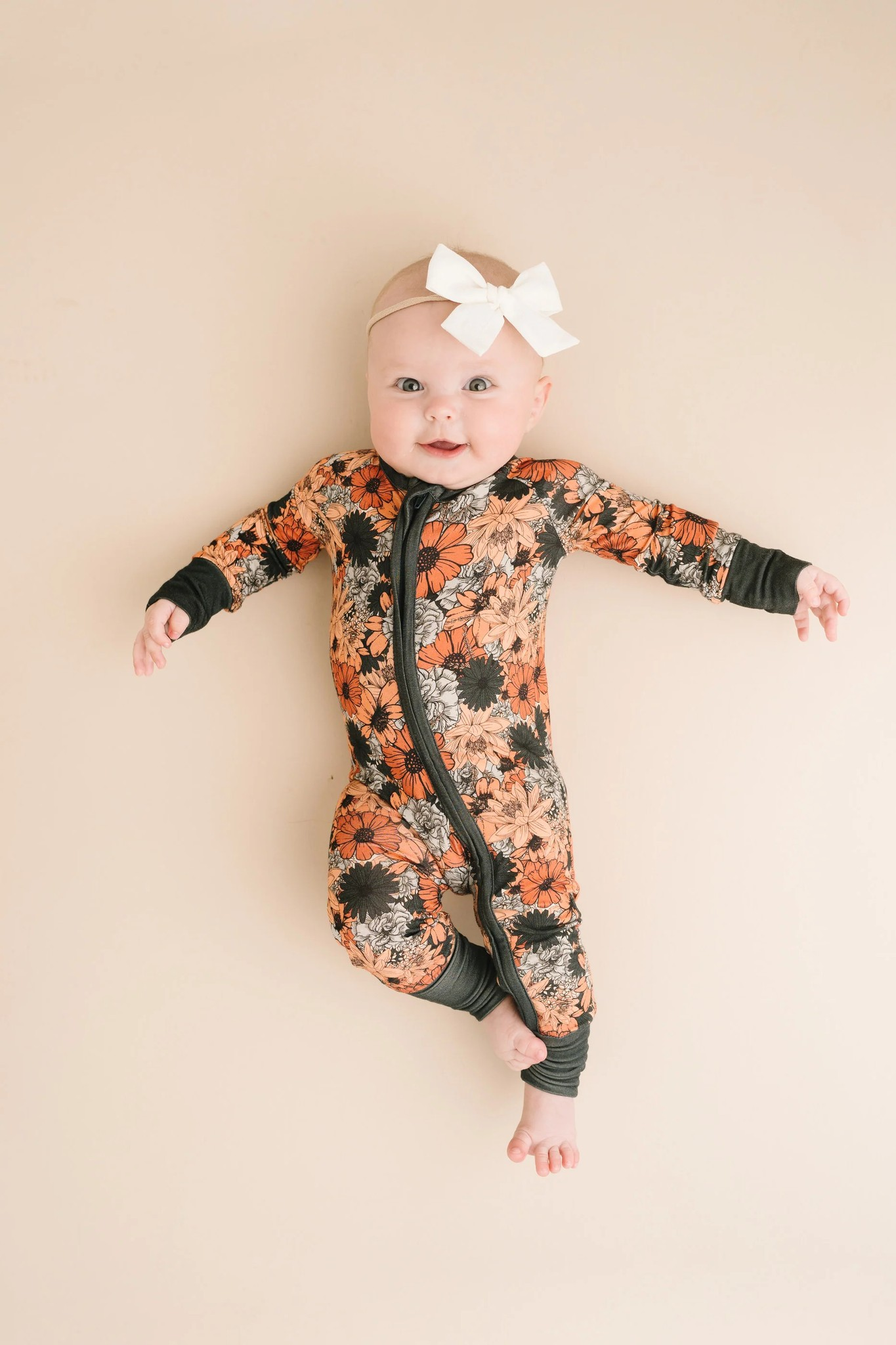 Infant baby green orange flower print zip romper preorder