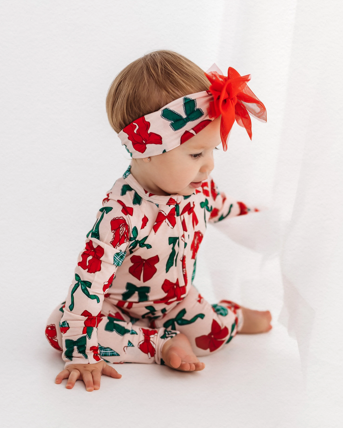 Infant baby Christmas red green bow zip romper preorder