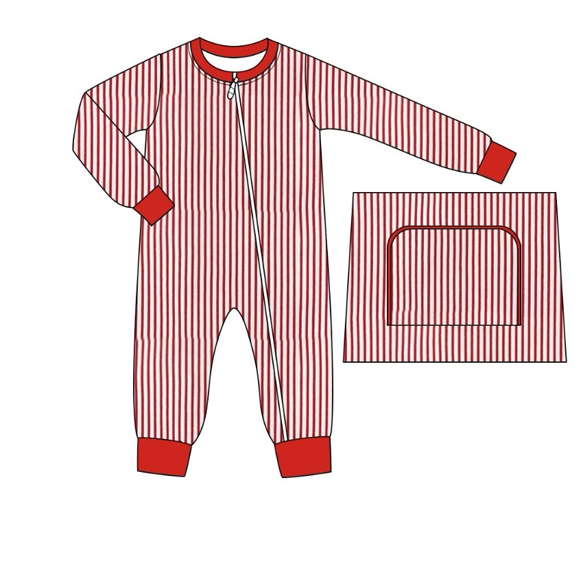 Christmas red stripes toddle boy zip romper preorder