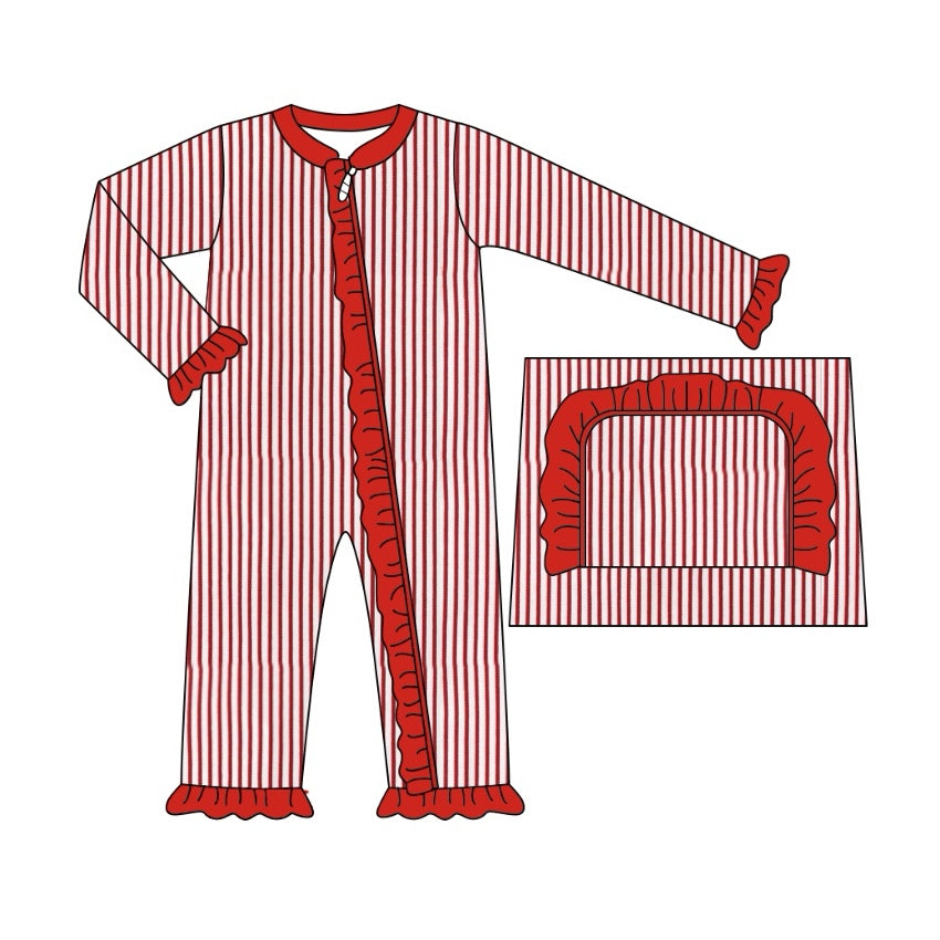 Christmas red stripes toddle girls zip romper preorder