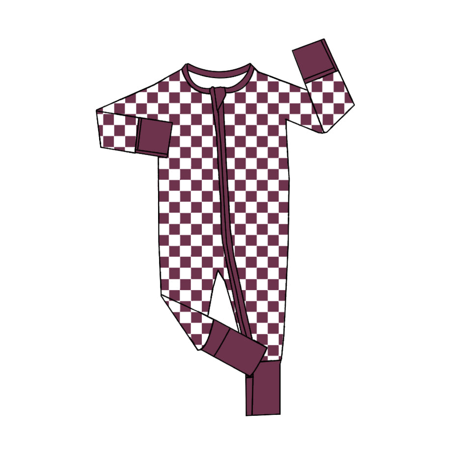 Wholesale boutique clothes toddle baby dark purple checkered zip romper preorder