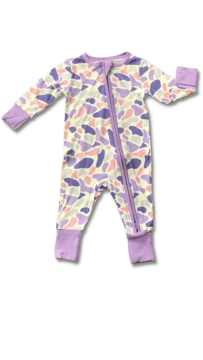 Toddle baby girls lavender camo zip romper preorder