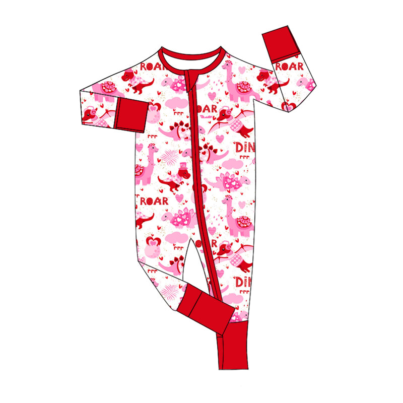 Valentines Day dinosaur kids long sleeve zip romper preorder