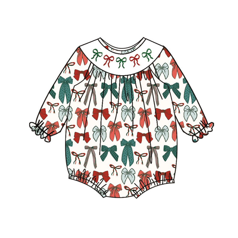 Toddle girls Christmas red green bow long sleeve smocked romper preorder