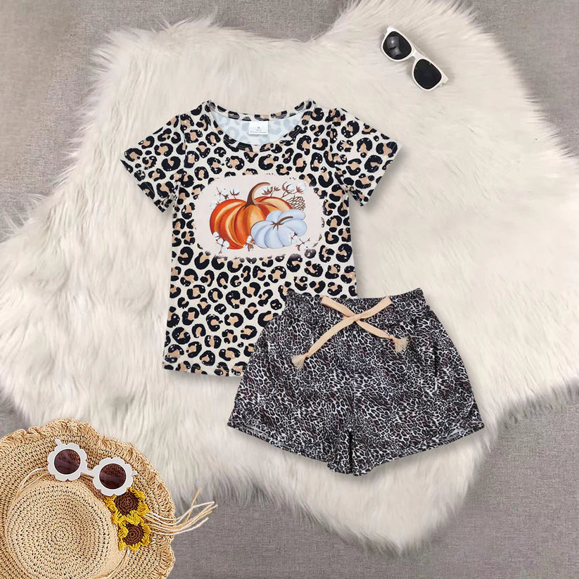 Pumpkin shirt leopard shorts girl summer outfit GT0688+SS0480