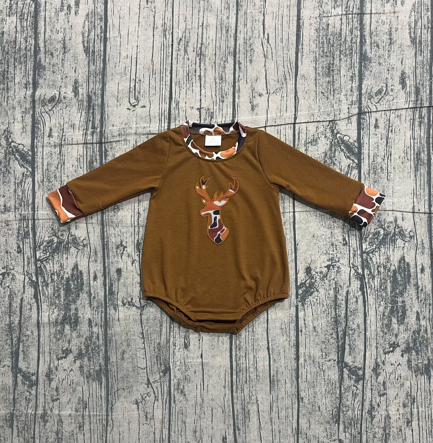 Toddle boy embroidery deer camo long sleeve romper preorder