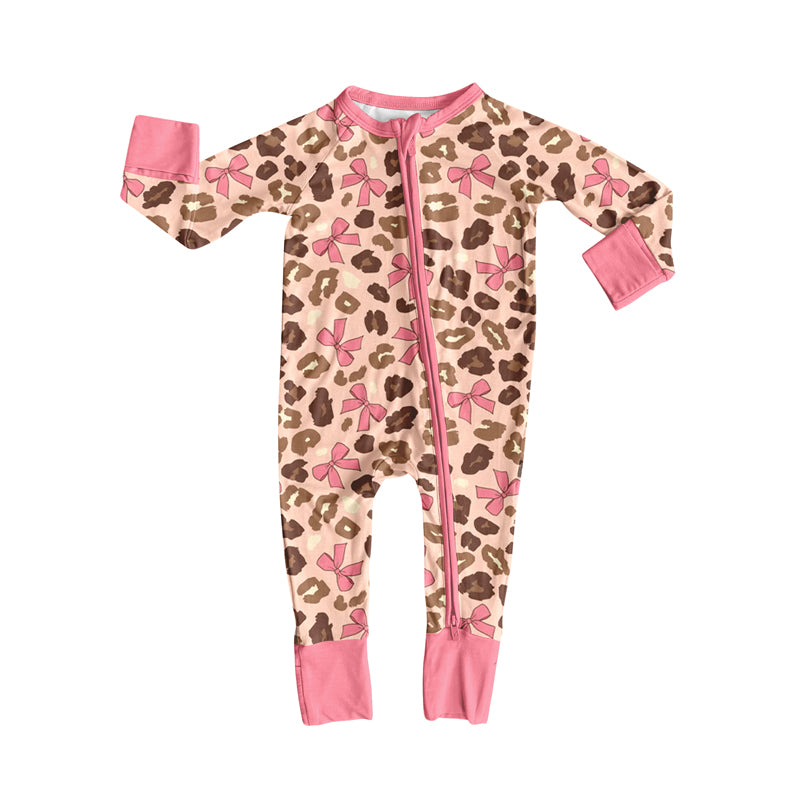 Toddle baby girl leopard pink bow long sleeve zip romper preorder