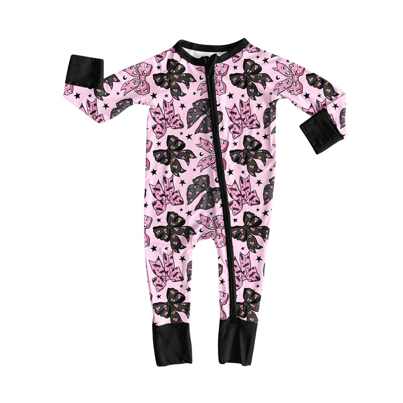 Pink black bow toddle girls long sleeve fall romper preorder