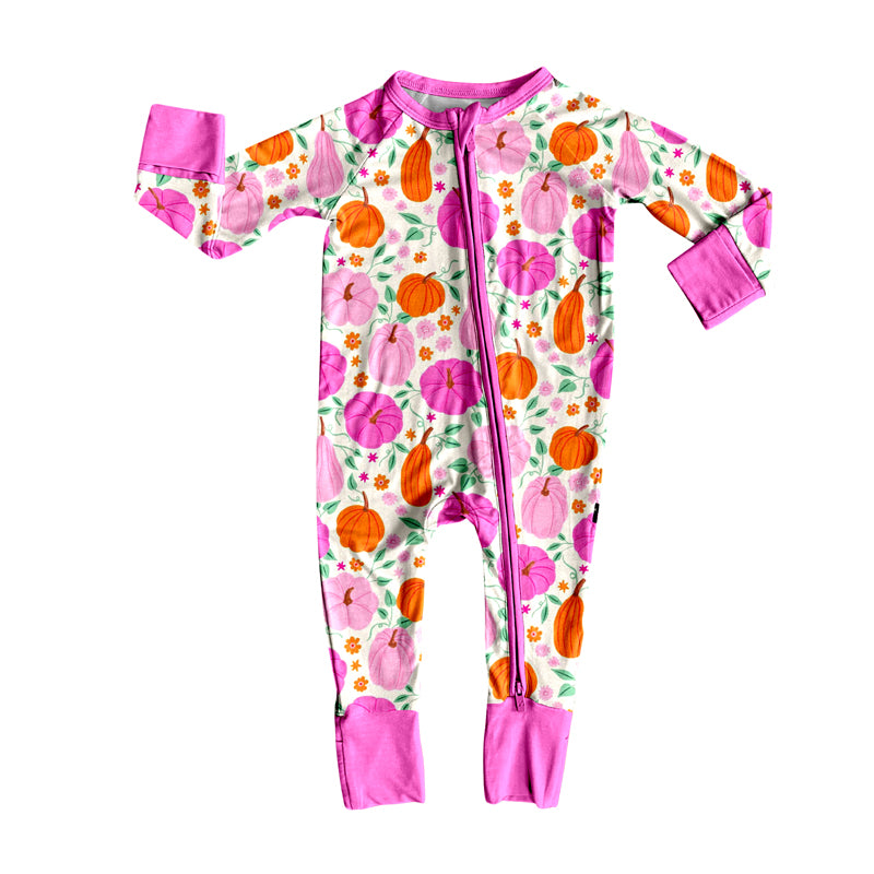 Pink pumpkins kids long sleeve zip romper preorder