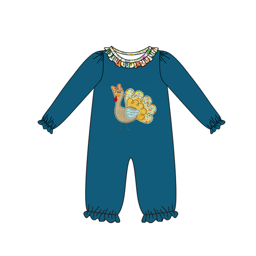 Thanksgiving turkey design infant baby girl long sleeve romper preorder