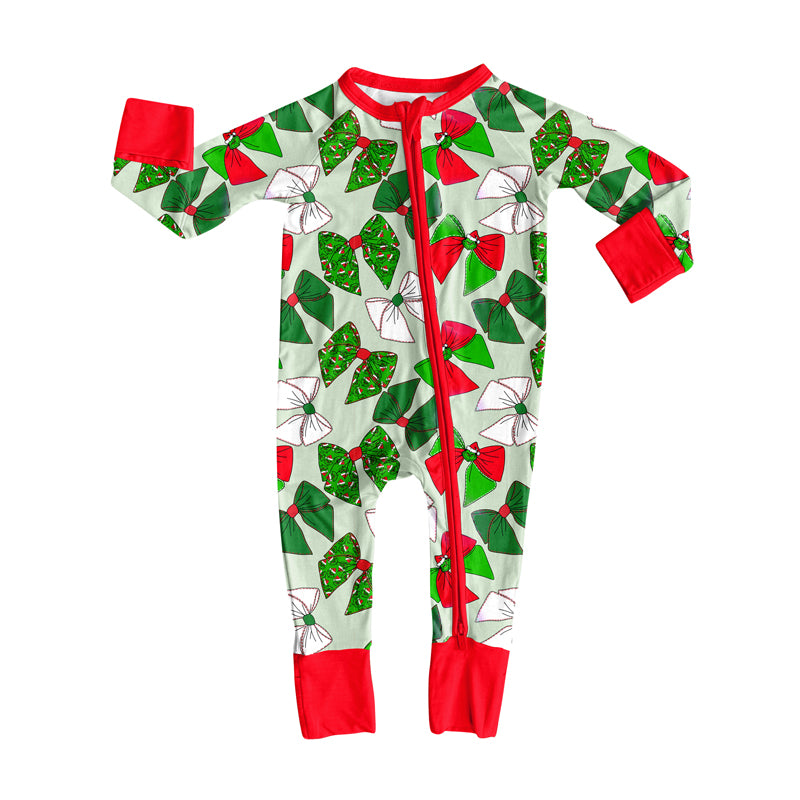 Christmas green face red green bow design kids long sleeve romper preorder