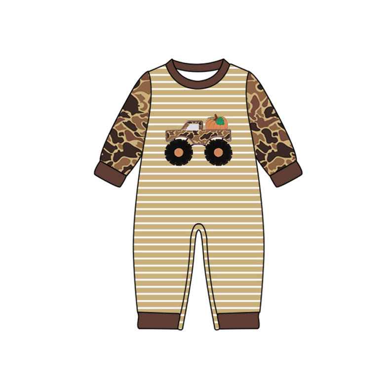Pumpkin truck camo design kids long sleeve romper preorder