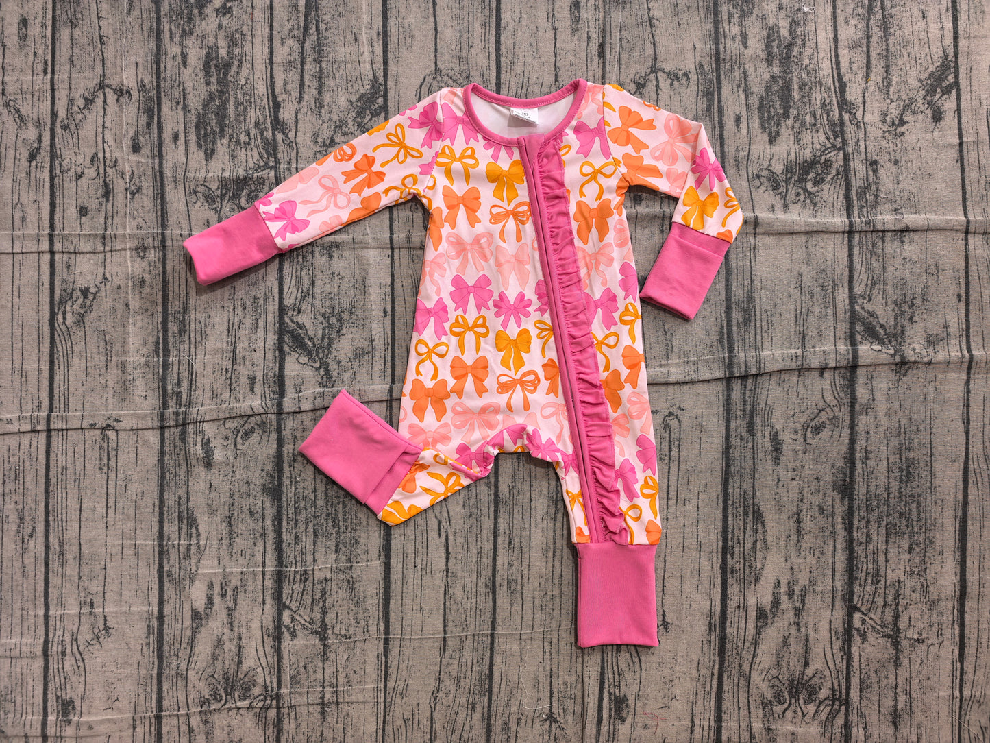 Pink orange bow toddle baby girl long sleeve zip romper preorder