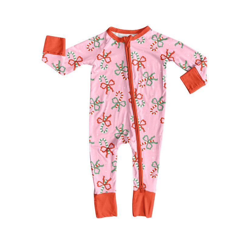 Christmas candy cane red green bow toddle baby long sleeve romper preorder