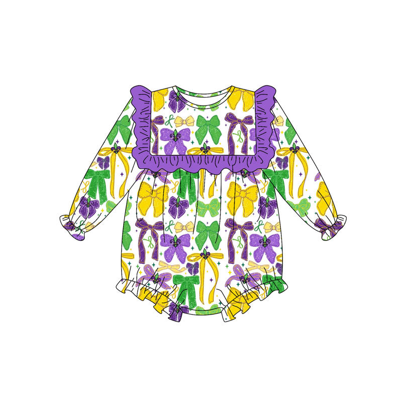 Mardi Gras bow toddle baby girls long sleeve romper preorder