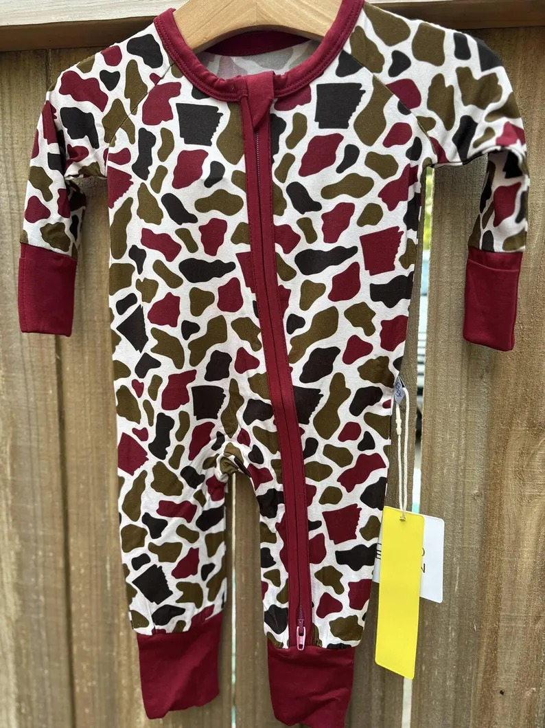 Maroon green camo toddle baby long sleeve zip romper preorder