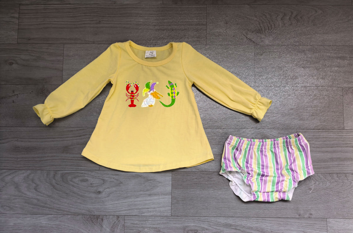 Toddle baby girl mardi gras camo embroidery design romper preorder