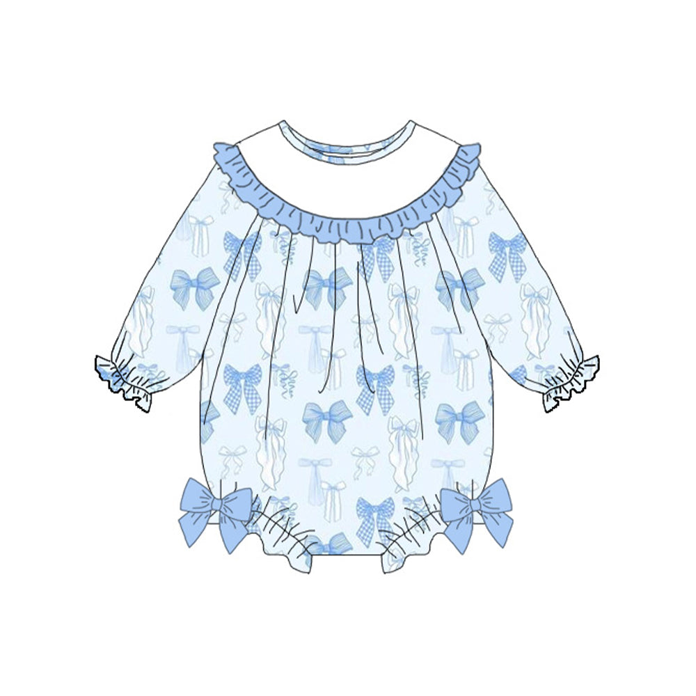 Blue bow toddle baby girl long sleeve romper preorder