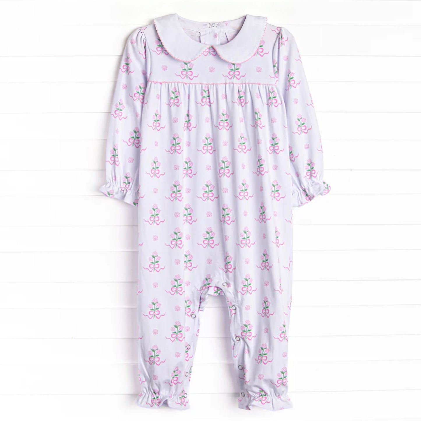 Pink bow flowers toddle baby long sleeve zip romper preorder