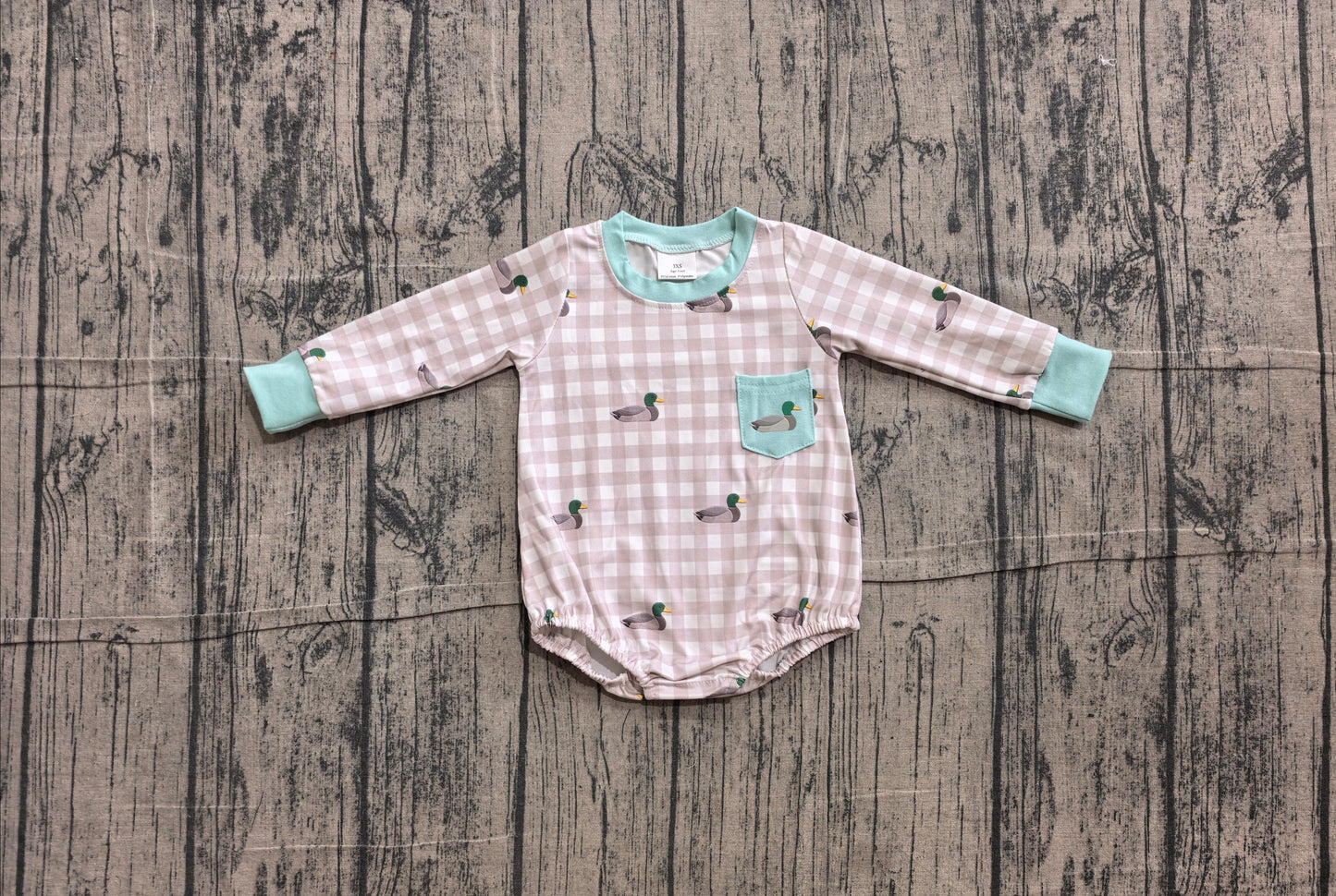 Toddle baby boy embroidery mallard duck grey plaid romper preorder
