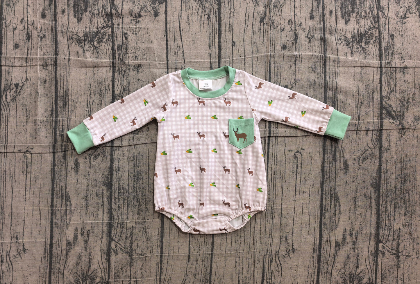 Toddle baby boy embroidery deer grey plaid romper preorder