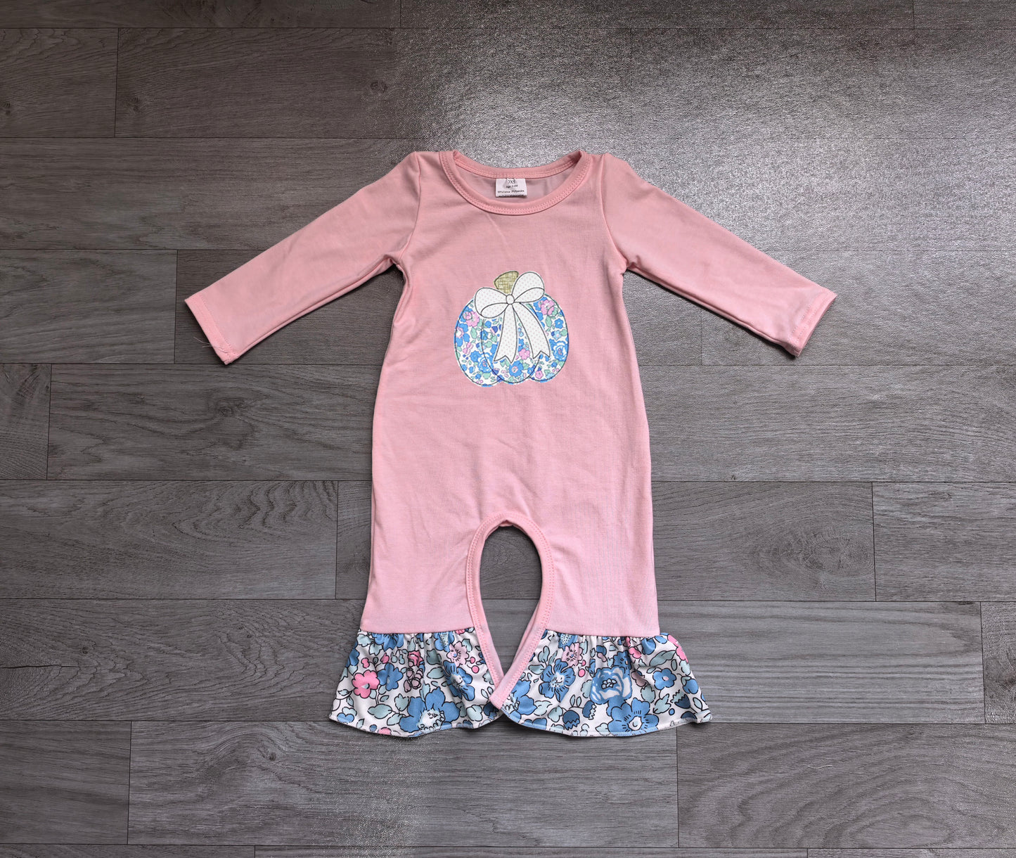 Toddle baby girl blue floral embroidery pumpkin long sleeve romper preorder