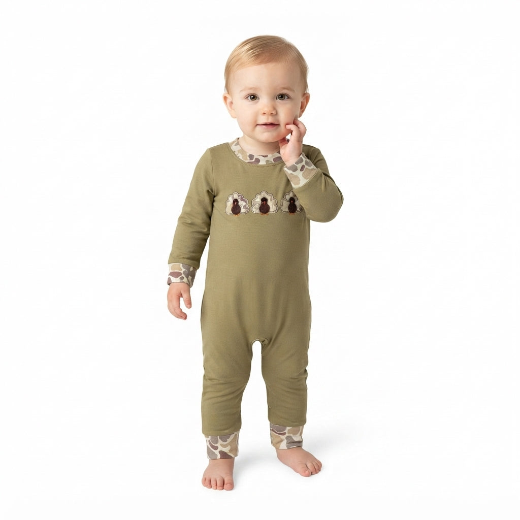 Toddle baby boy Thanksgiving camo embroidery turkey long sleeve romper